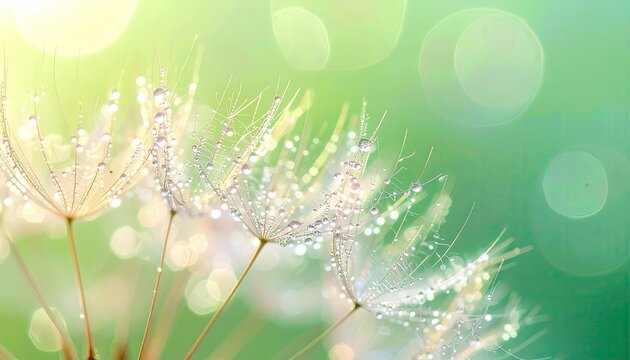 Soft focus macro shot of dandelion seeds covered in sparkling water droplets with a dreamy warm yellow and green bokeh background