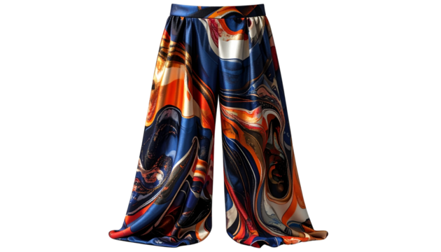  high-waist palazzo pants with silk finish and bold abstract print, flowy silhouette, isolated on transparent background, PNG format