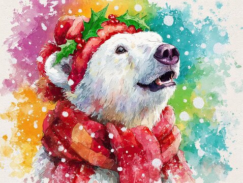 Cute white polar bear wearing colorful Christmas hat surrounded by snowflakes on soft winter background, cheerful festive illustration symbolizing warmth, joy, and holiday celebration concept.