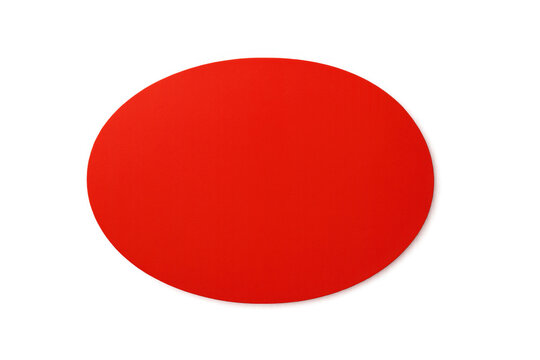 Red blank elliptical circle sticker with soft drop shadow, providing a customizable element for graphic design layouts on a transparent background