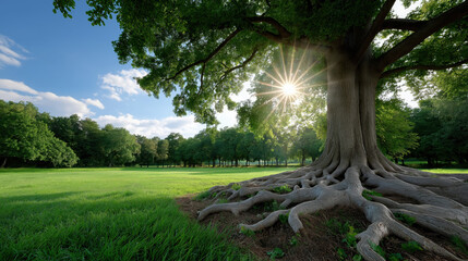 Fototapeta premium Majestic tree with sprawling roots stands in lush green field, bathed in sunlight, creating serene and peaceful atmosphere