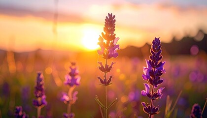 Purple lavender flowers in a field during a golden sunset with warm light and bokeh effects