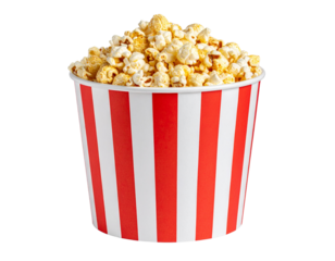 Tasty popcorn in a red white striped box isolated on white background PNG 