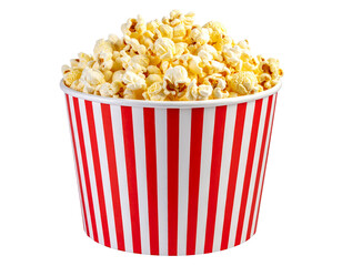 Tasty popcorn in a red white striped box isolated on white background PNG