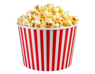 Tasty popcorn in a red white striped box isolated on white background PNG