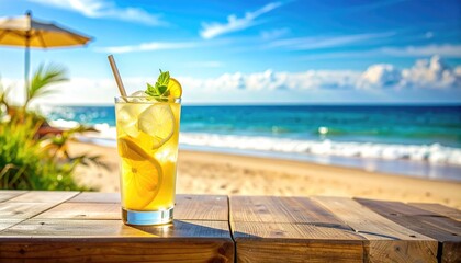 Refreshing Lemonade Drink on a Wooden Table with Tropical Beach and Ocean Background at Daytime