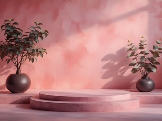 Elegant product display podium with pink hues and botanical accents creating a sophisticated and inviting presentation for skincare or beauty products