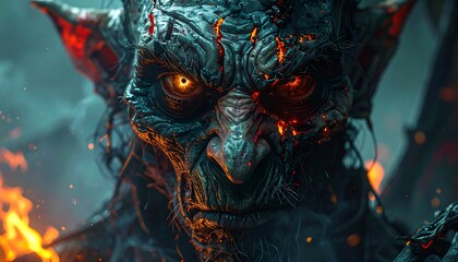 Close-up of a demonic creature with fiery eyes, dark skin, and horns