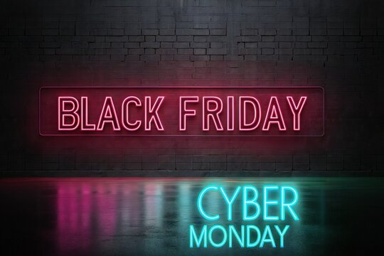 Black Friday and Cyber Monday neon signs text - Powered by Adobe