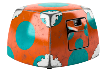 Old weathered science fiction cube with peeling orange paint isolated on transparent background