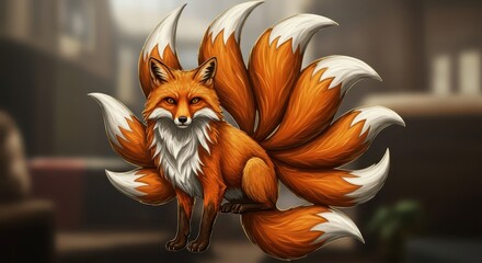 Naklejka premium Mythical orange fox creature with multiple elaborate tails stands facing forward