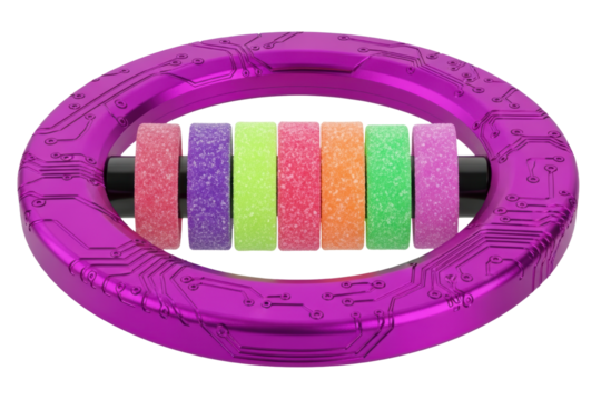 Futuristic purple ring with circuit pattern holding colorful candies isolated on transparent background