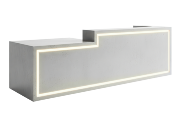 Modern minimalist concrete reception desk with glowing LED light isolated on transparent background