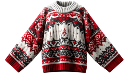 knitted poncho with tribal patterns in red, white, and black, soft texture, png.