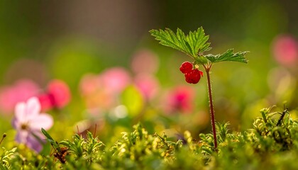 Obraz premium Close-up of a tiny plant with two red berries and a single leaf, set against a blurred background