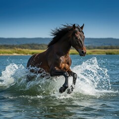 Powerful dark brown equine charges through water creating significant splashing