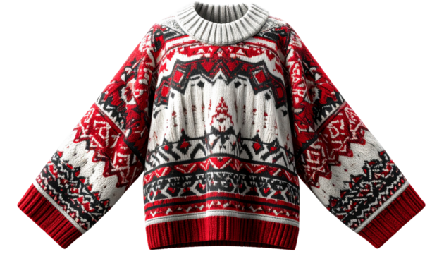 knitted poncho with tribal patterns in red, white, and black, soft texture, png.
