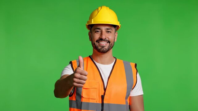 Happy Construction Worker Giving Thumbs Up Approval On Green Backdrop Positive Vibe