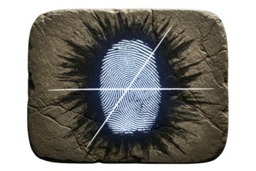 Glowing biometric fingerprint on stone tablet with denied access isolated on transparent background
