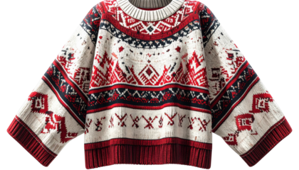 Realistic knitted poncho with tribal patterns in red, white, and black, soft texture, isolated on transparent background.