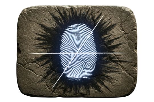 Glowing biometric fingerprint on stone tablet with denied access isolated on transparent background - Powered by Adobe