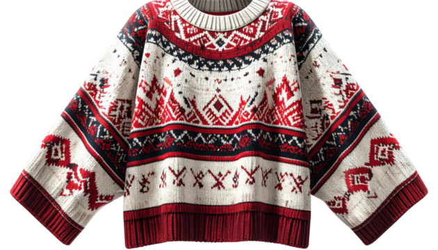Realistic knitted poncho with tribal patterns in red, white, and black, soft texture, isolated on transparent background.