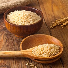 Wooden bowl and spoon containing grains of cooked rice are set on a rustic wooden table with decorative wheat stalks