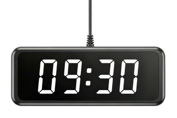 Hanging digital clock with white numbers showing the time isolated on transparent background