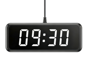 Hanging digital clock with white numbers showing the time isolated on transparent background