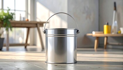 Silver Paint Bucket in Bright Room, Interior Design.