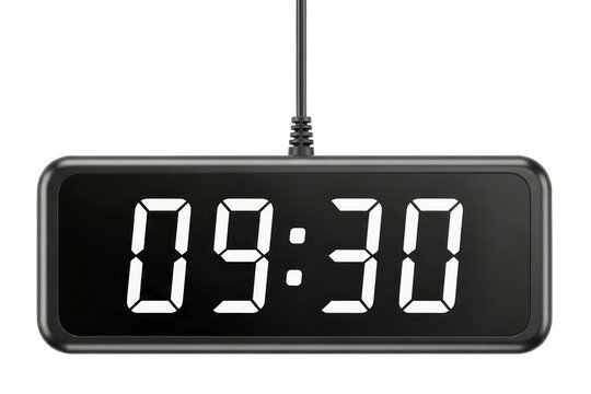 Hanging digital clock with white numbers showing the time isolated on transparent background