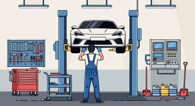 Automotive mechanic performing service on a car lift in a garage, displaying tools and equipment