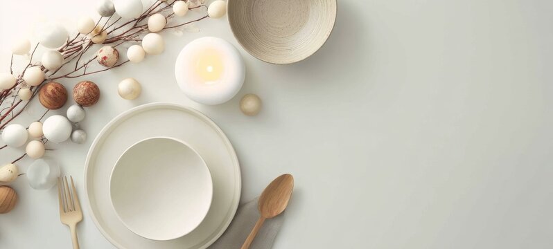 Modern minimalist Christmas dinner table setup with white and wood tones, single lit candle, minimal decorations, golden ratio layout, negative space for text, soft natural lighting, ultra-clean elega