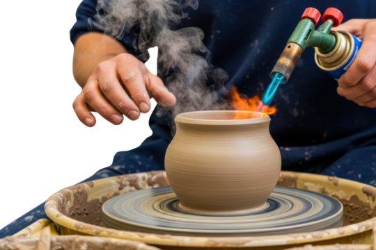 Potter firing a clay pot with a blowtorch on a pottery wheel isolated on transparent background