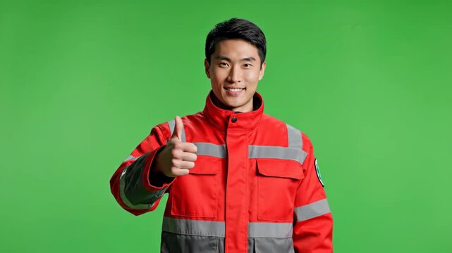 Positive Asian Paramedic in Uniform Gesturing Thumbs Up Against a Green Screen Backdrop