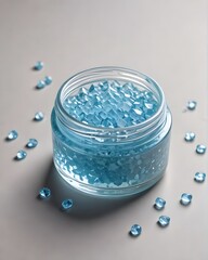 Invigorating blue bath salts in elegant jar, perfect for spa day promotions and wellness product marketing, evoking calmness and luxurious self care rituals