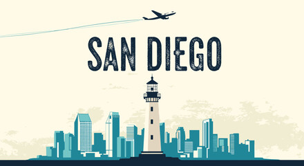 Fototapeta premium Vibrant illustration of the San Diego city skyline, featuring a prominent lighthouse, downtown buildings, and an airplane flying overhead, perfect for travel.