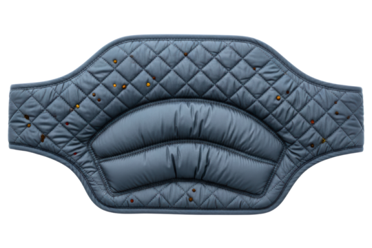 Gray quilted orthopedic back brace for lower back support isolated on transparent background