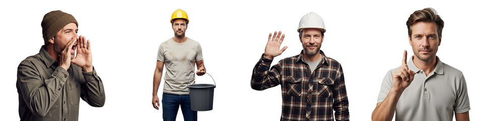Diverse 40-year-old male laborers, builders, and workers, isolated on a transparent background, displaying various actions. Ideal for construction industry ads, workforce appreciation,