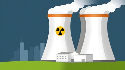 Nuclear power plant emitting steam against the city skyline, showing energy production, technology, and environmental issues related to power generation