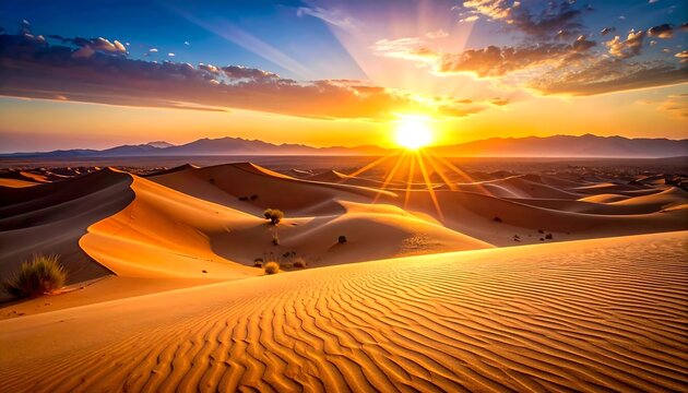 Vast desert landscape bathed in golden sunlight. The sun, a bright orb, casts long rays. Rippling sand dunes extend towards distant mountains