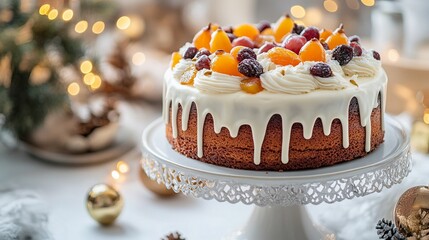 Elegantly decorated fruit cake on a cake stand with whipped cream and fruits on top.
