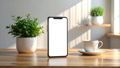 Smartphone mockup on wooden desk with plants and coffee.