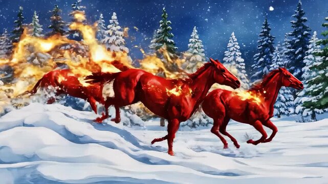 a herd of horses against the backdrop of a snowy winter landscape