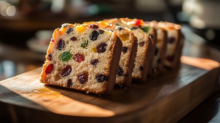 A moist slices of fruit cake with visible dried fruits placed on a wooden board.