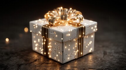 christmas technology Gift box with circuit design and glowing lights on a dark background.