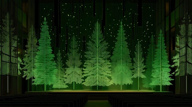 christmas technology Abstract forest scene with stylized trees and a starry background.