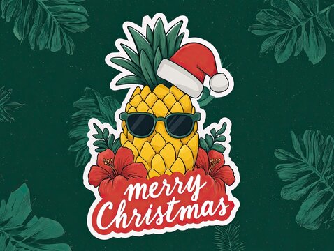 Funny pineapple in sunglasses and Santa hat with &ldquo;Mele Kalikimaka&rdquo; text, surrounded by Hawaiian flowers on a bright tropical background. Cheerful island Christmas vibe.