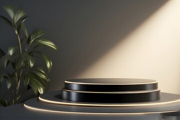 Elegant black product display podium with golden accents and soft lighting creates a modern, sophisticated stage for showcasing luxury items and designs