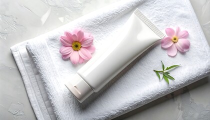 Spa day essentials - Cream tube, towel, and pink flowers.